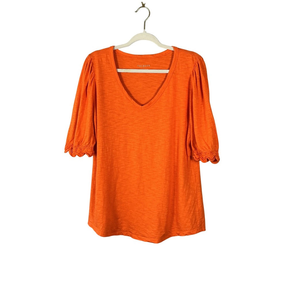 Talbots Womens Orange Slub Knit V-Neck Puff Sleeve Smocked Cuff Top L